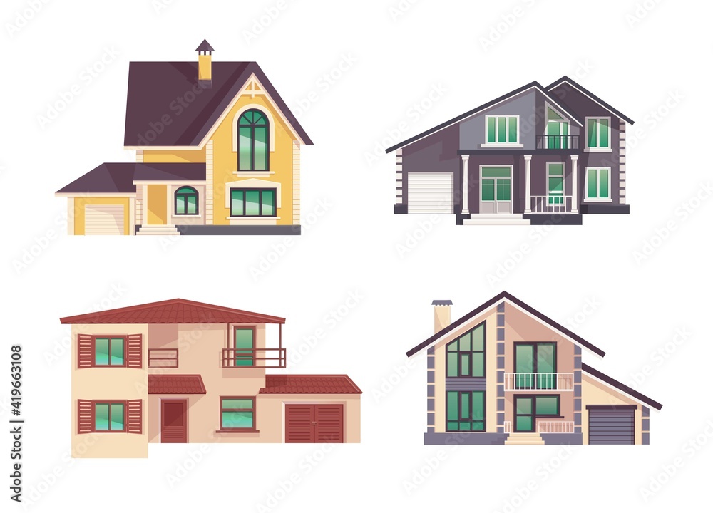 set of houses in a flat style.Isolated vector illustration of a cozy cottage on a white background.Use it as an ionka, a symbol of construction, renovation, home sale, real estate agency. home facade