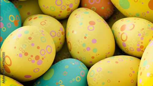 Multicolored, Easter Egg background. Beautiful Yellow, Aqua and Orange Eggs with Circle and Ring patterns. 3D Render photo