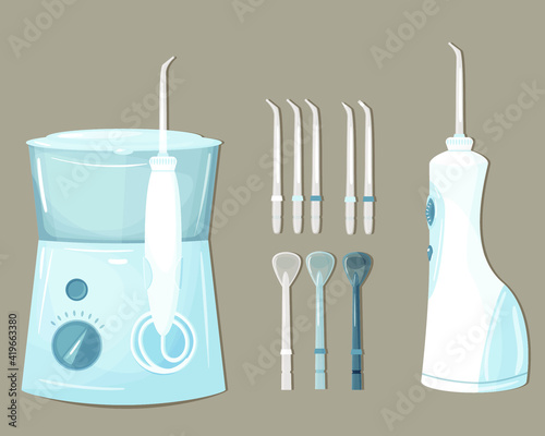 Flat vector illustration of oral hygiene products and tools for cleaning teeth. Portable and electric oral irrigators and various attachments for them.