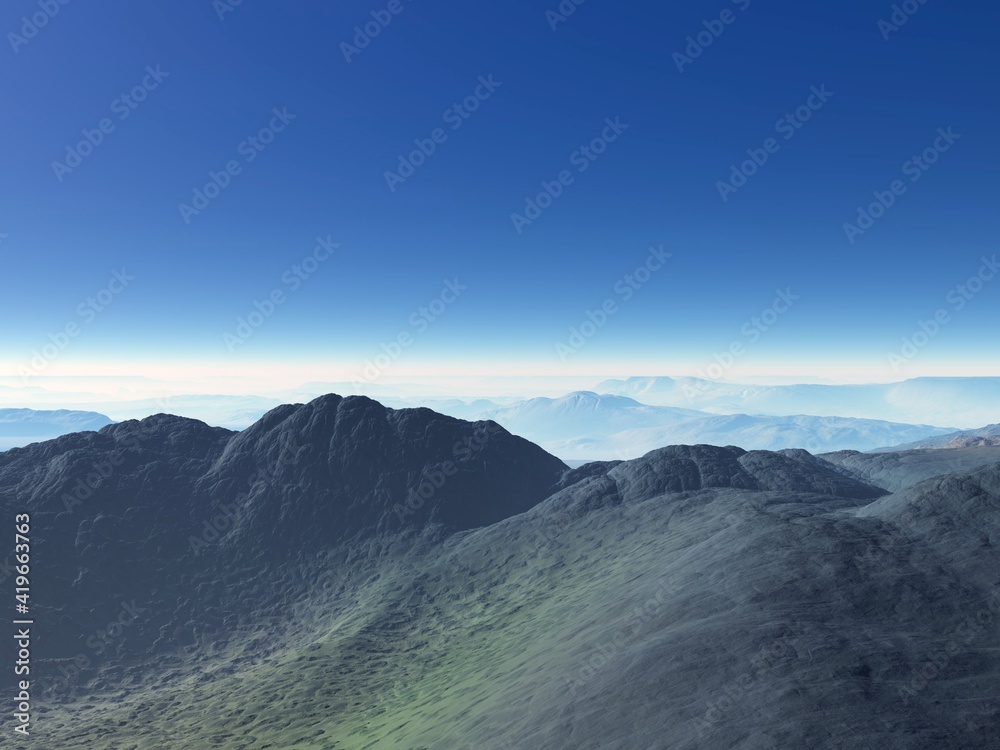 Illustration of a beautiful and inspirational landscape with mountains, blue sky, and water