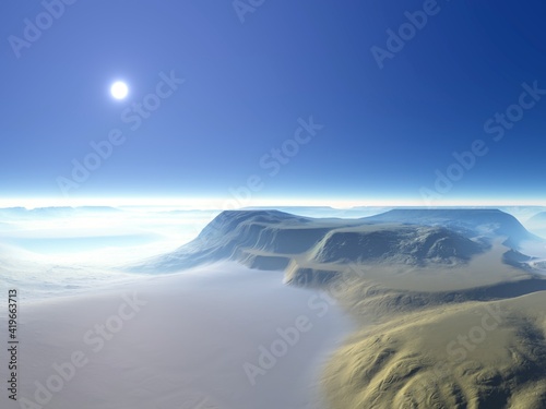 Illustration of a beautiful and inspirational landscape with mountains  blue sky  and water