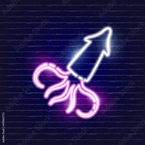 Squid neon icon. Glowing Vector illustration icon for mobile, web, and menu design. Seafood concept.