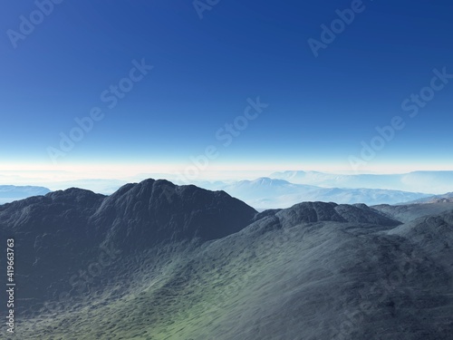 Illustration of a beautiful and inspirational landscape with mountains  blue sky  and water
