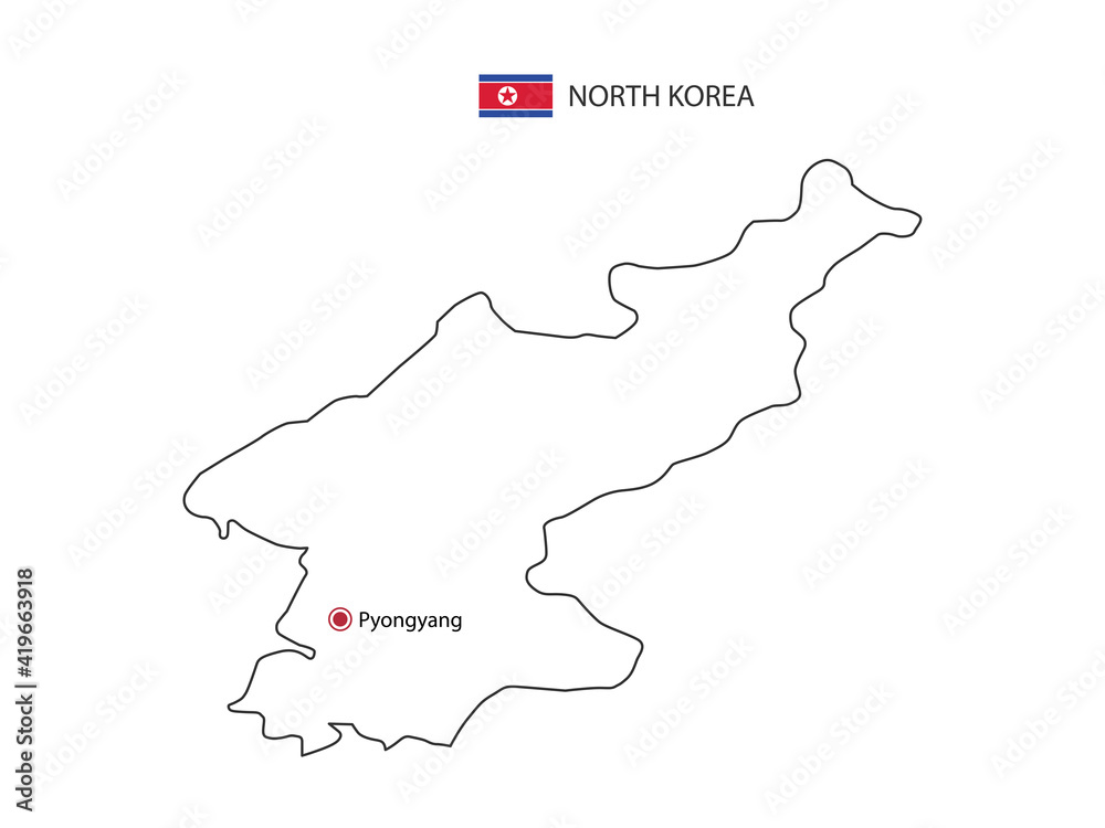 Hand draw thin black line vector of North Korea Map with capital city Pyongyang on white background.