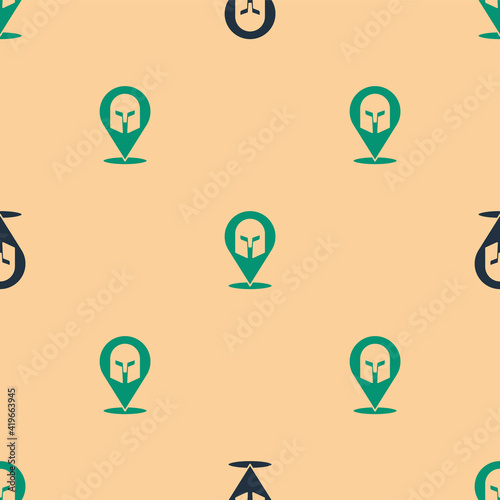 Green and black Greek helmet icon isolated seamless pattern on beige background. Antiques helmet for head protection soldiers with a crest of feathers or horsehair. Vector.
