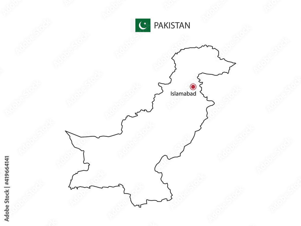 Hand draw thin black line vector of Pakistan Map with capital city Islamabad on white background.