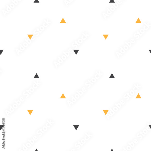 Abstract geometrical seamless scandinavian pattern. Vector triangle ornament with orange and black colors. Simple texture for nordic baby wallpaper, fills, web page background