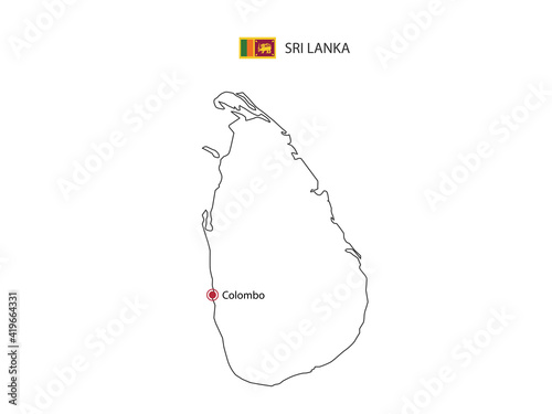Hand draw thin black line vector of Sri Lanka Map with capital city Colombo on white background.