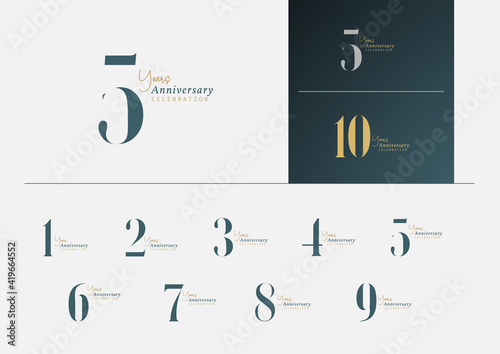 Set of anniversary logotype with minimalism gold, silver and blue color style for celebration event. Vector Template Design Illustration.