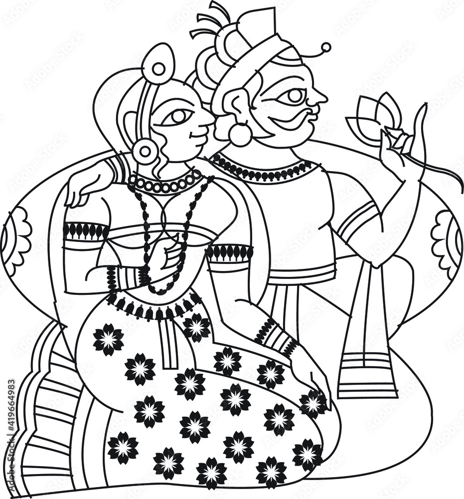 King and queen in royal palace were drawn in Indian folk art, Kalamkari  style. for textile printing, logo, wallpaper Stock Vector | Adobe Stock