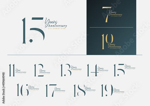 Set of anniversary logotype with minimalism gold, silver and blue color style for celebration event. Vector Template Design Illustration.