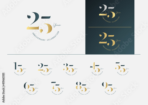 Set of anniversary logotype with minimalism gold, silver and blue color style for celebration event. Vector Template Design Illustration.