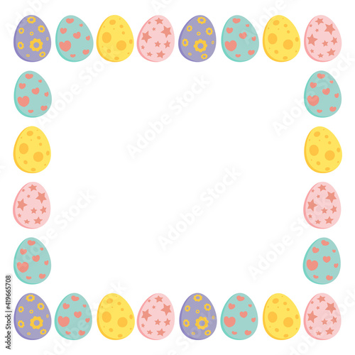 Easter square frame with colorful eggs. Holiday border for greeting card design with copy space. Vector illustration isolated on white background.