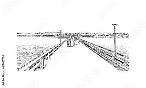 Building view with landmark of Palanga is a resort town on Lithuania. Hand drawn sketch illustration in vector.