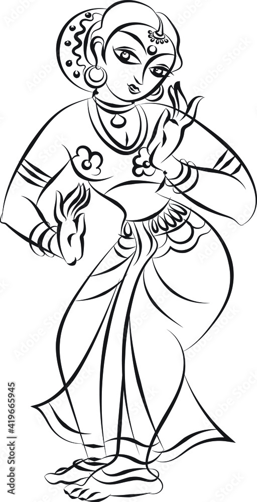 Lord's Gopika, Sevika, or lady servants have drawn in Indian folk art, Kalamkari style. for textile printing, logo, wallpaper Lord's Gopika, Sevika, or lady servants have drawn in Indian folk art, Kalamkari style. for textile printing, logo, wallpaper