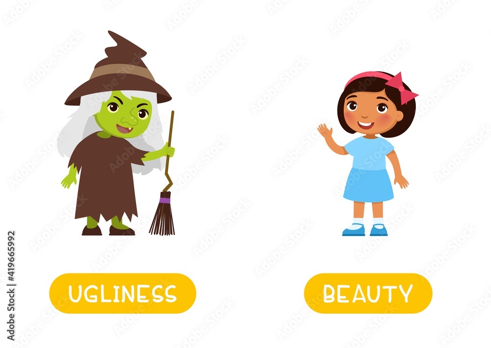 UGLINESS and BEAUTY antonyms word card, Opposites concept. Flashcard for English language learning. Cute dark skin girl and old ugly witch with green skin UGLINESS and BEAUTY antonyms word card, Opposites concept. Flashcard for English language learning. Cute dark skin girl and old ugly witch with green skin