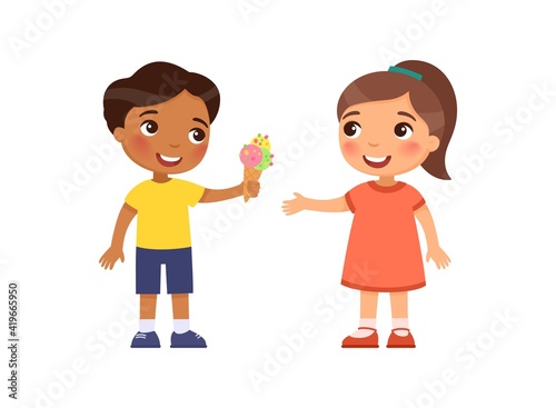 Little boy gives the girl an ice cream. Child friendship psychology. Cartoon characters, Flat vector illustration.