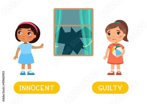 Opposites concept INNOCENT and GUILTY. Word card for English language learning. Flashcard with antonyms
