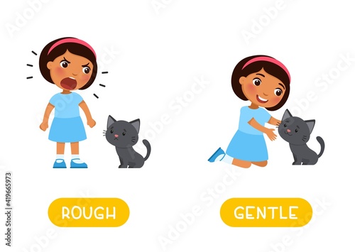 ROUGH and GENTLE antonyms word card, Opposites concept. Flashcard for English language learning. Little dark skin girl and cute kitten