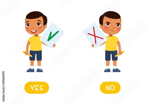 YES and NO antonyms word card, Opposites concept. Flashcard for English language learning. Disgruntled and joyful dark skin boy