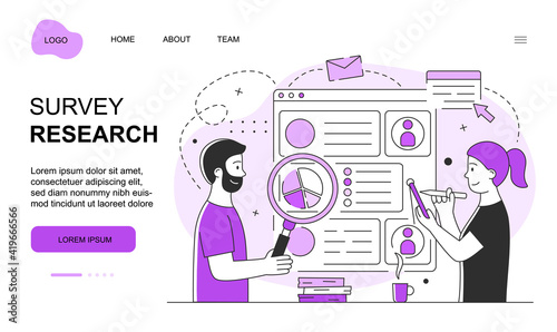 Male and female characters are working on survey research together. Man is looking at survey documents through magnifier. Website, web page, landing page template. Flat cartoon vector illustration