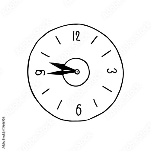 Vector outline illustration of a black round glass alarm clock is on a white wall background