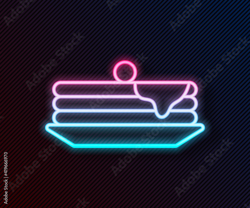 Glowing neon line Stack of pancakes icon isolated on black background. Baking with syrup and cherry. Breakfast concept. Vector Illustration.