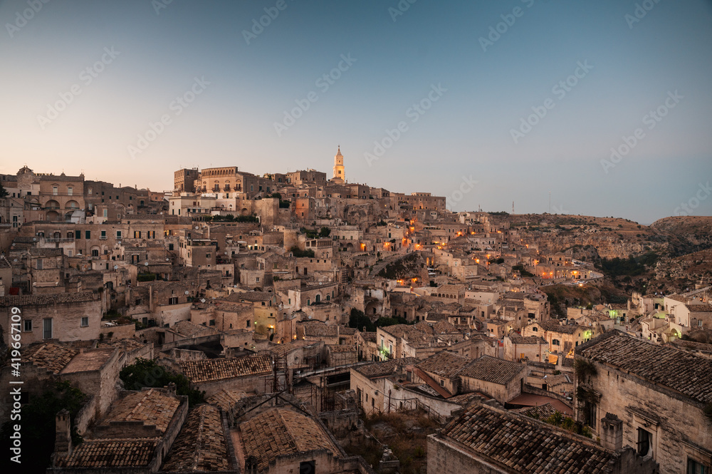 view of the beautiful oldtown of Matera at dawn, Basilicata