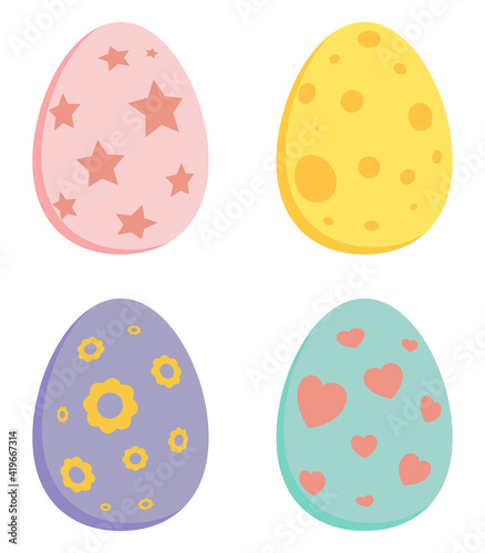 Easter egg set. Collection of spring holiday symbols in pastel colors. Vector illustration isolated on white.