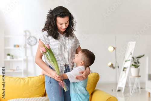 Little boy greeting his mom...