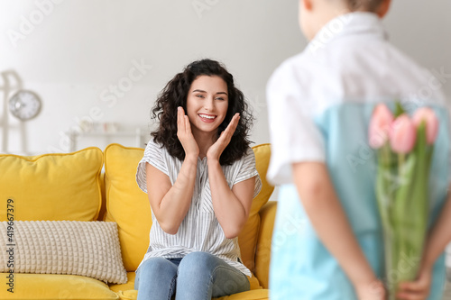 Little boy greeting his mom...