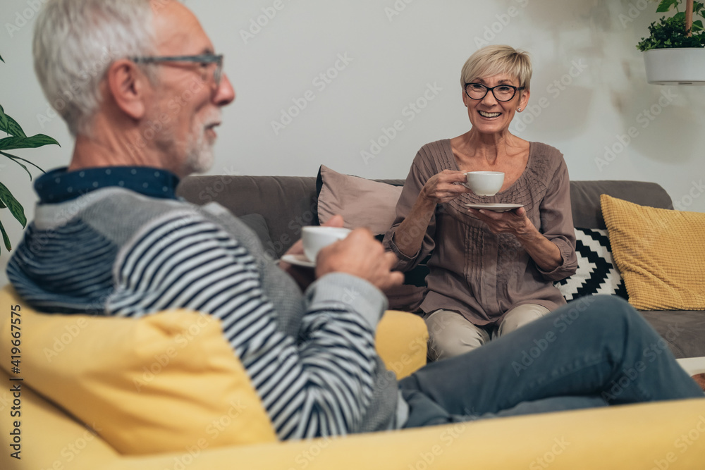 Senior couple drinking tea and talking together at home. Smiling mature couple sitting on couch in living room, discuss and enjoying in cup of tea Senior couple drinking tea and talking together at home. Smiling mature couple sitting on couch in living room, discuss and enjoying in cup of tea