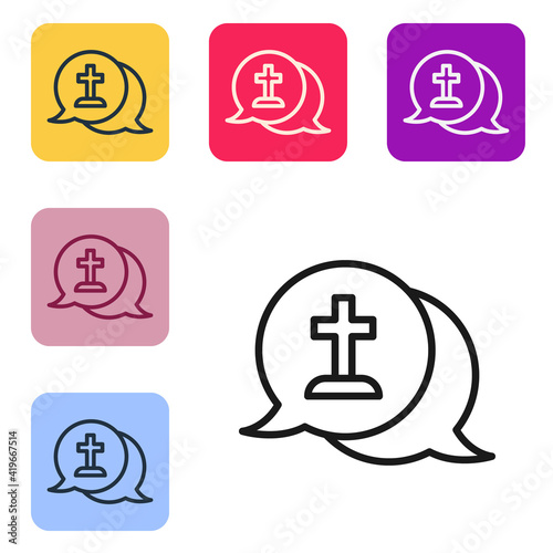 Black line Man graves funeral sorrow icon isolated on white background. The emotion of grief, sadness, sorrow, death. Set icons in color square buttons. Vector.