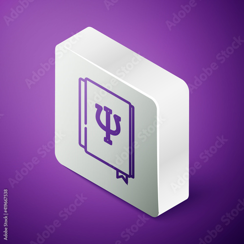 Isometric line Psychology book icon isolated on purple background. Psi symbol. Mental health concept, psychoanalysis analysis and psychotherapy. Silver square button. Vector.