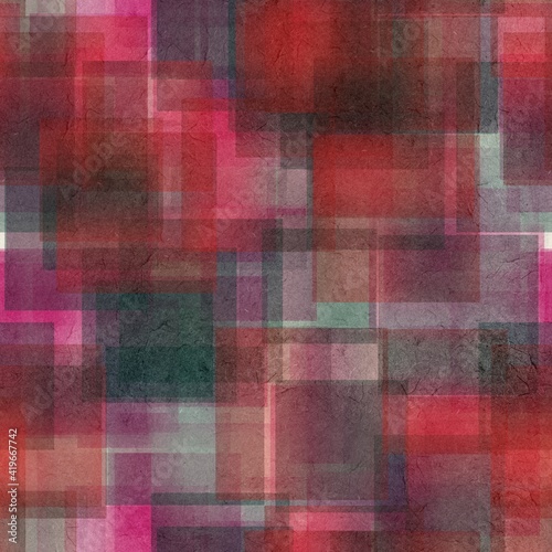 Seamless overlaid geometric shape pattern print. High quality illustration. Transparent rectangles filled with gradient colors scattered. Handmade paper texture overlay.