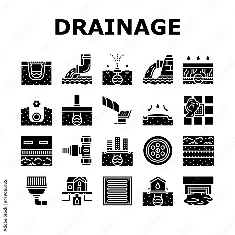 Drainage Water System Collection Icons Set Vector. Road And House, City