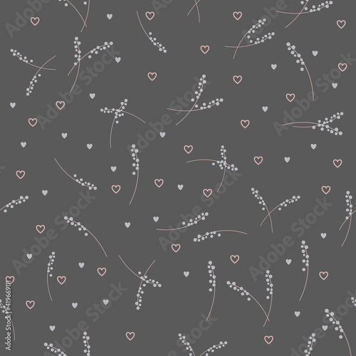 white flower stems and hearts falling seamless pattern with grey background. Vector illustration