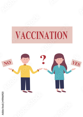 Cartoon young couple of brunettes thinking whether or not to get vaccinated against coronavirus. Fighting the coronavirus epidemic. Vaccination. Yes or no. Choice. Isolated. Vector illustration.