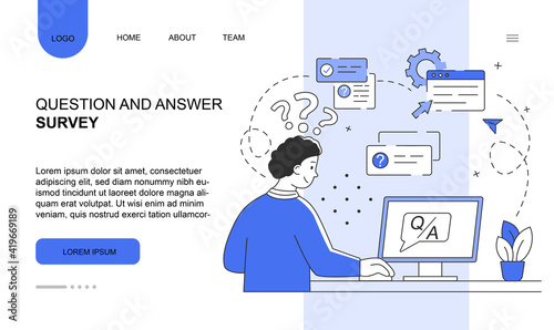 Male character is passing question and answer survey on computer. Young man is answering survey questions online. Website, web page, landing page template. Flat cartoon vector illustration