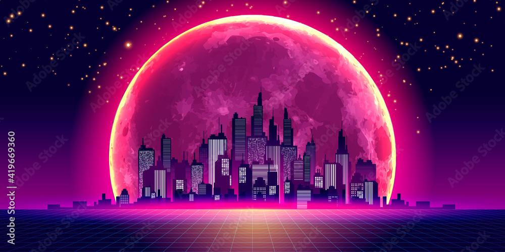 City With Retrowave Illustration With Background Of Sky And Stars