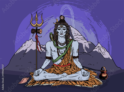 Lord Shiva. Mahadev sits, adorned with rudraksha beads, with a snake on his neck and a Ganges on his head. Trishula, Damaru, Mount Kailash. Modern vector illustration for paintings, posters, prints.