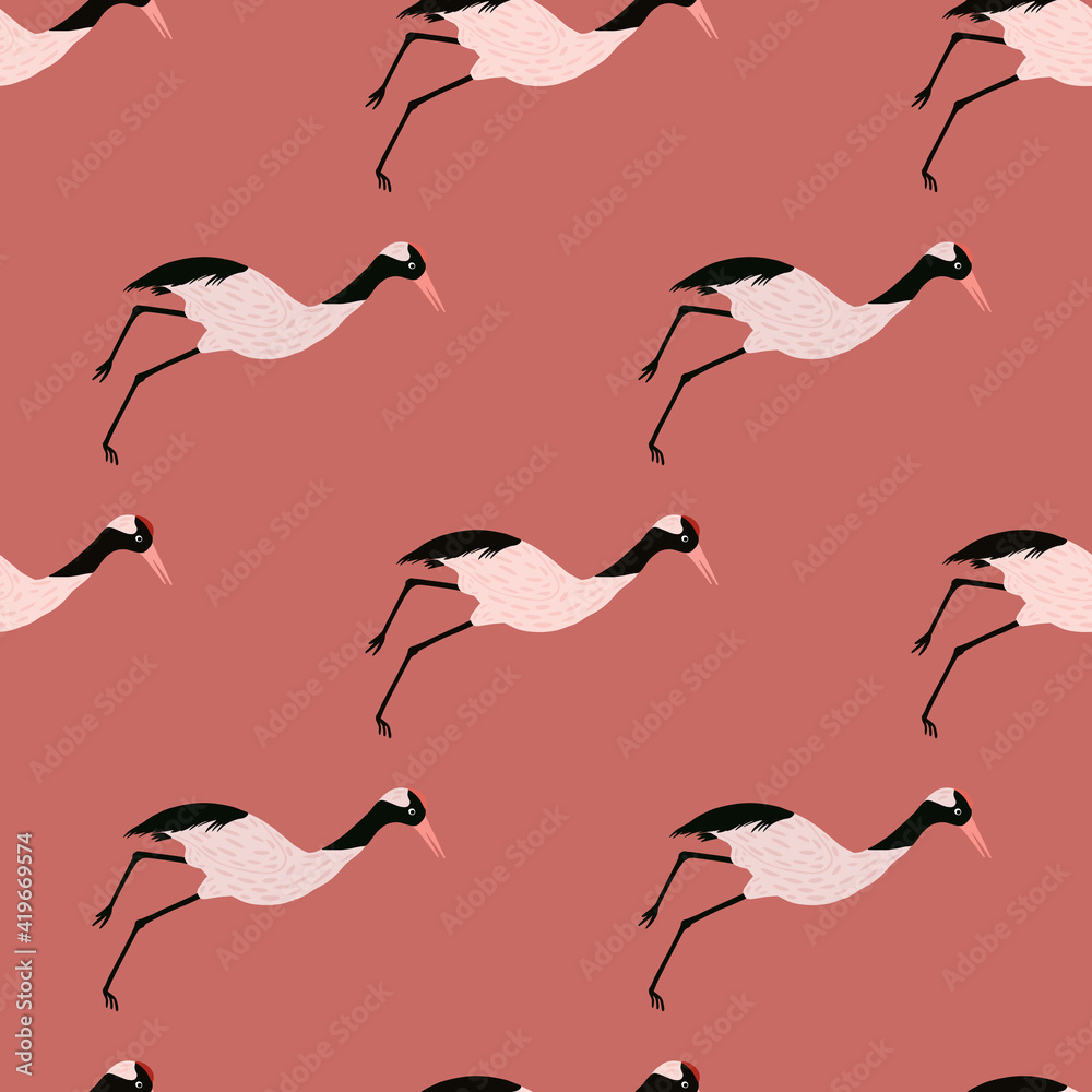 Obraz premium Simple minimalistic style seamless pattern with crane bird elements. Vintage japan animal print. Doodle artwork.