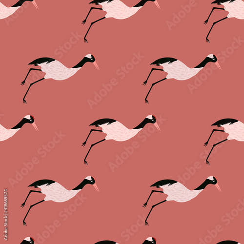 Simple minimalistic style seamless pattern with crane bird elements. Vintage japan animal print. Doodle artwork.