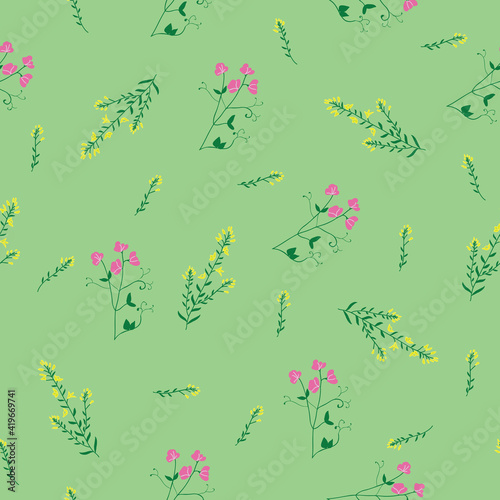 Wild flower sweet pea and gorse seamless repeating pattern with mint green background. Vector illustration