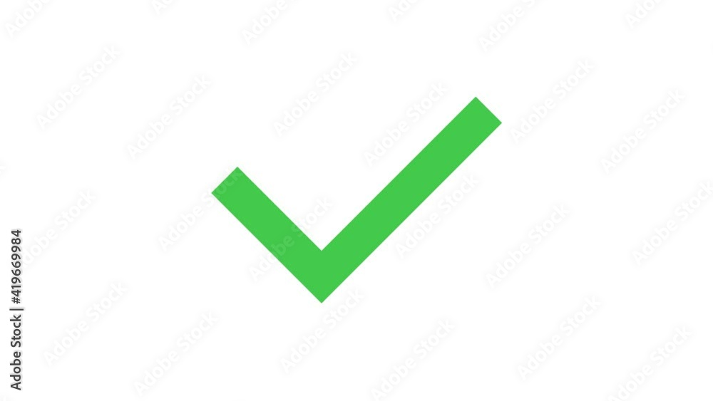 Green checkmark animation. Yes tick. Correct check mark symbol. Yes sign. Correct vote icon on white background. Animated green tick