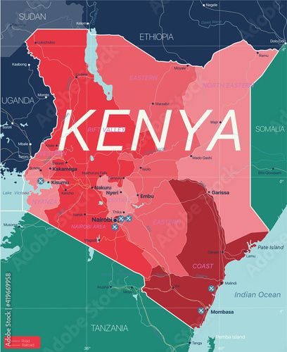 Tablou canvas Kenya country detailed editable map with regions cities and towns, roads and railways, geographic sites