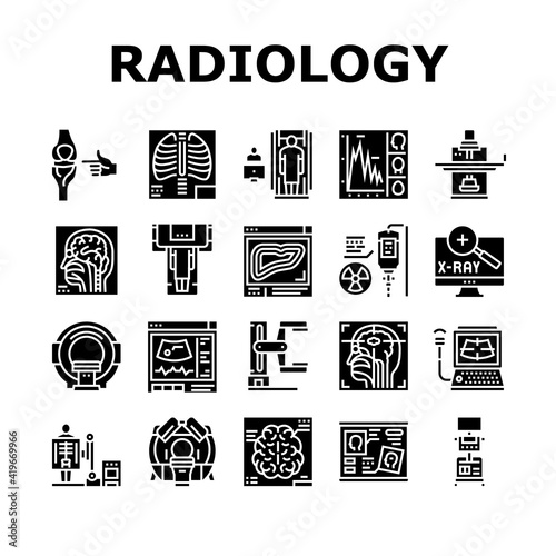 Radiology Equipment Collection Icons Set Vector. Mri And Ultrasound, Ct Scan And Fluoroscope Radiology Hospital Medical Device Glyph Pictograms Black Illustrations