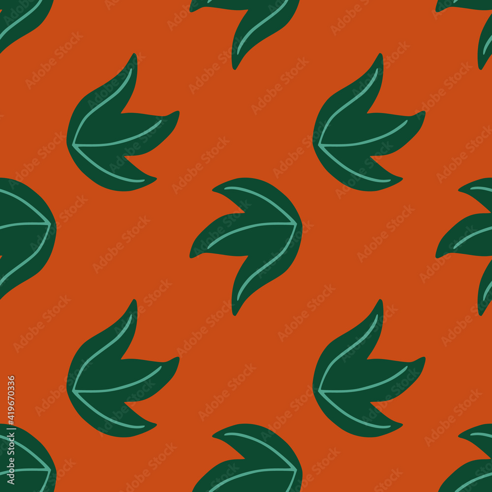 Obraz premium Nature seamless pattern with contoured green foliage silhouettes print. Orange dark background.