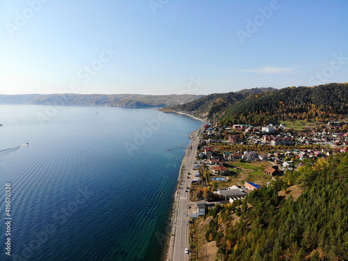  Listvyanka village, aerial view. Lake Baikal in autumn.