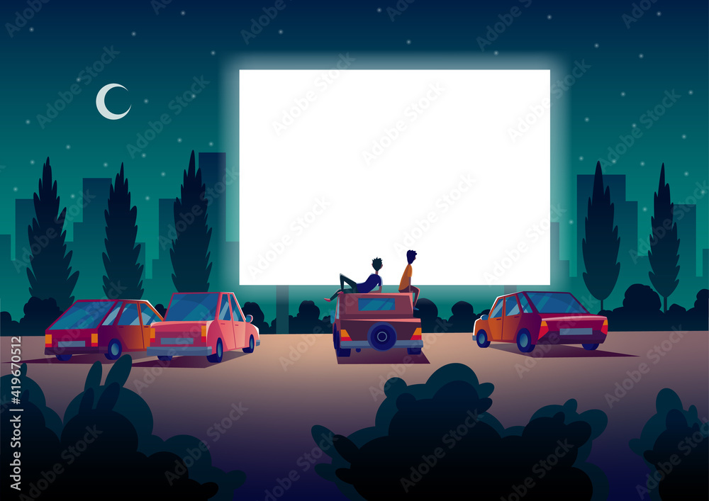 Car street cinema. Drive-in theater with automobiles stand in open air ...